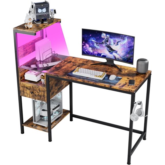 PetFurnishn Computer Gaming Desk with Power Outlet and LED Lights, Reversible Study Writing Table with Storage Shelves and USB Ports, PC Desk Home Office Workstation, Brown