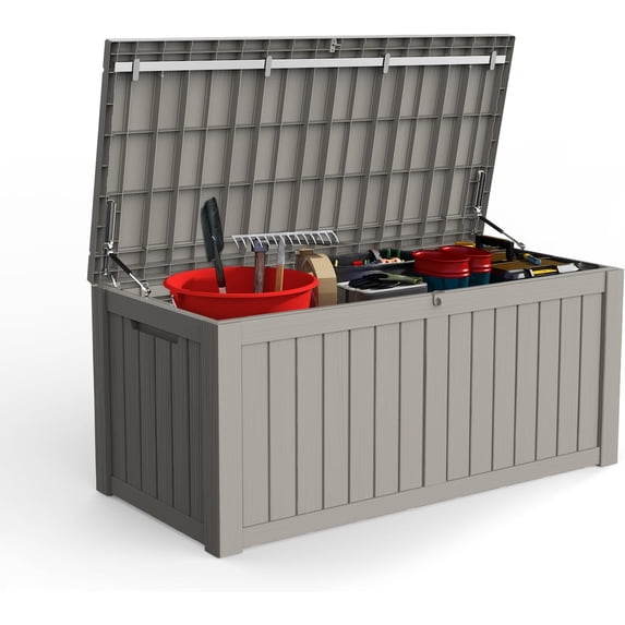 PetFurnishn Deck Box, Waterproof and Weatherproof Large Resin Storage Bin with Lockable Lid, Ideal for, Outdoor, Patio Furniture Cushions, Pool Supplies, Garden Tools (119 Gallon, Grey)