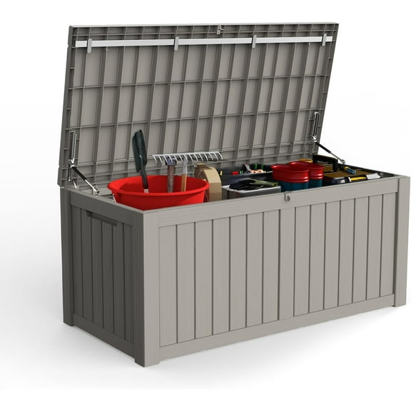 PetFurnishn Deck Box, Waterproof and Weatherproof Large Resin Storage Bin with Lockable Lid, Ideal for, Outdoor, Patio Furniture Cushions, Pool Supplies, Garden Tools (119 Gallon, Grey)