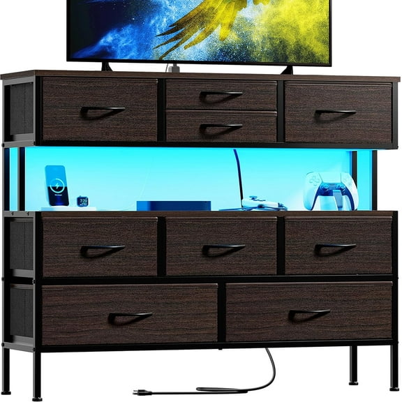 PetFurnishn Dresser TV Stand with Charging Station and LED Lights, 55” TV Stand Entertainment Center with 9 Drawers, Steel Frame, Large Storage Chest of Drawers for Bedroom, Living Room, Brown