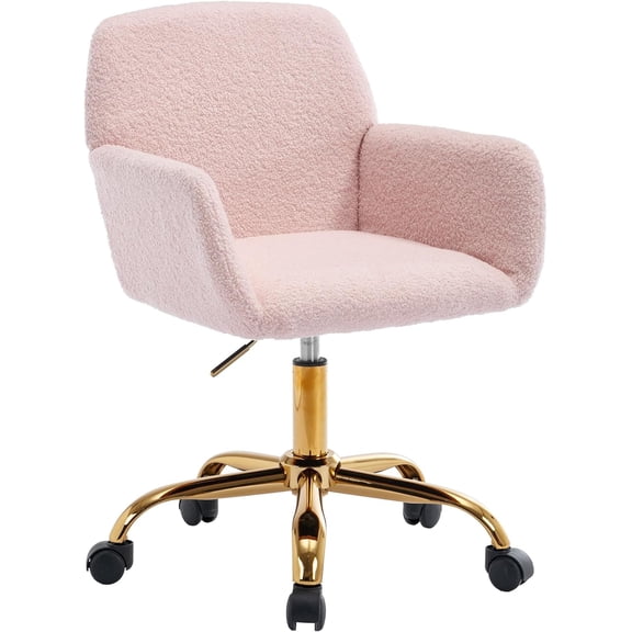 PetFurnishn Faux Fur Vanity Makeup Desk Chair, Comfy Fluffy Swivel Modern Leisure Armchair with Wheels, Upholstered Fuzzy Height Adjustable for Teens Women Girls Elegant Home Office, Pink