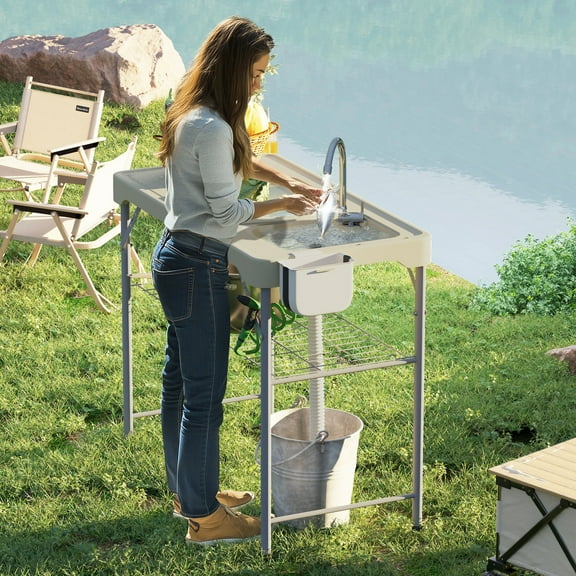 PetFurnishn Folding Fish Cleaning Table - Portable Camping Sink with Faucet for Outdoor Fishing, Camping & Cleaning-Tan