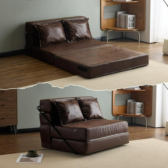 PetFurnishn Futon Sofa Bed, 5-in-1 Convertible Sleeper Sofa Chair RV Furniture Pull Out Floor Bed Couch for Small Spaces, Living Room, Bedroom with 2 Throw Pillows, Carry Bag