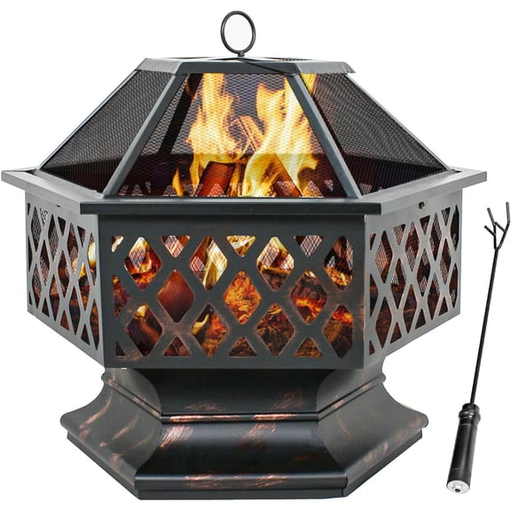PetFurnishn Hex-Shaped Fire Pit with Fire Picker for Garden 24 Inch Wood Burning Bonfire Firebowl Outdoor Portable Steel Firepit with Flame-Retardant Mesh Lid for Patio Backyard Garden Beach Camping