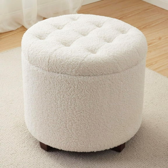 PetFurnishn Home Decor Round Ottoman with Storage, Round Vanity Chair Stool Ottoman Pouf with Storage for Living Room and Bedroom, Boucle White