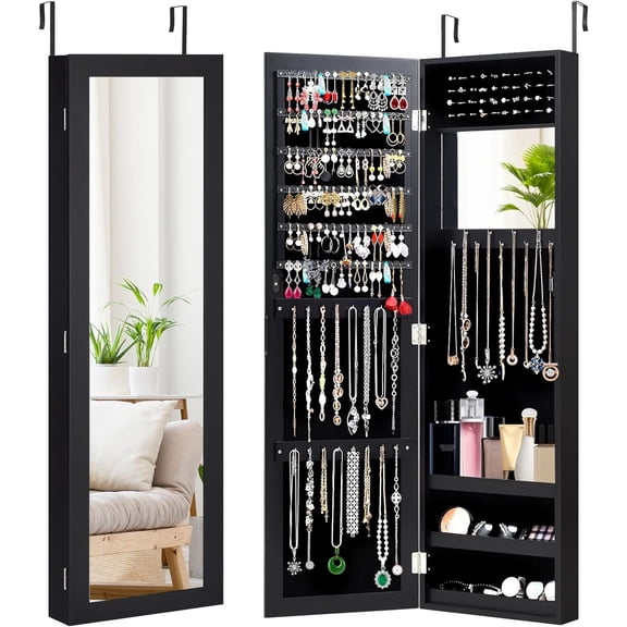 PetFurnishn Jewelry Armoire, Jewelry Storage Organizer w/Full-Length & Inner Makeup Mirror, Earring Shelves, Ring Slots, 25 Necklace & Bracelet Hooks, Wall Door Mounted Jewelry Cabinet (Black)