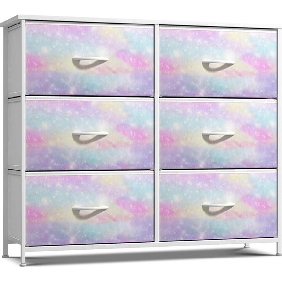 PetFurnishn   Kids Dresser with 6 Drawers - Storage Chest Organizer Nightstand - Steel Frame, Wood Top, Tie-Dye Fabric Bins for Clothes - Wide Furniture for Bedroom, Hallway, Nursery, Rainbow Sparkle