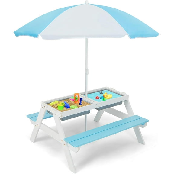 PetFurnishn Kids Picnic Table, 4 in 1 Cedar Wooden Sand & Water Table w/ 2 Removable Box & Umbrella, Kids Picnic Tables for Outdoors Backyard Garden, Toddler Patio Furniture Set for Boys Girls(Blue)