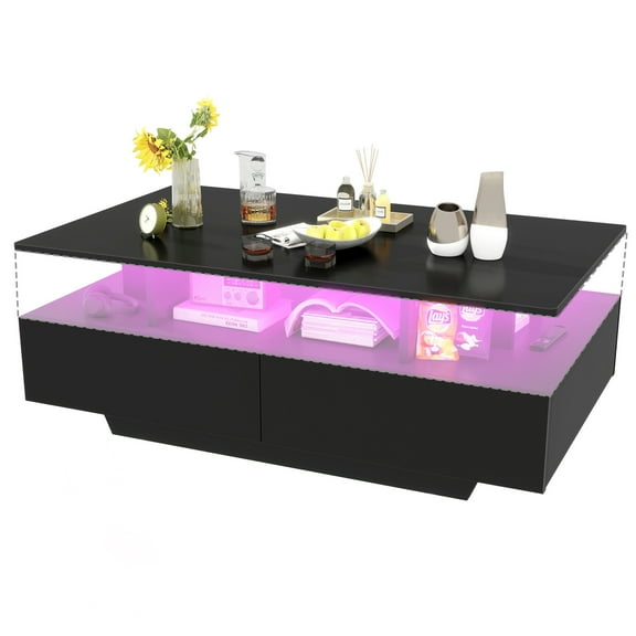 PetFurnishn LED Coffee Table Modern High Gloss Center Table with Storage Drawers Living Room