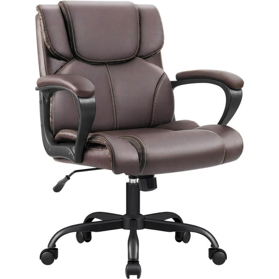 PetFurnishn Mid Back Executive Office Chair Swivel Computer Task Chair with Armrests,Ergonomic Leather-Padded Desk Chair with Lumbar Support (Brown)