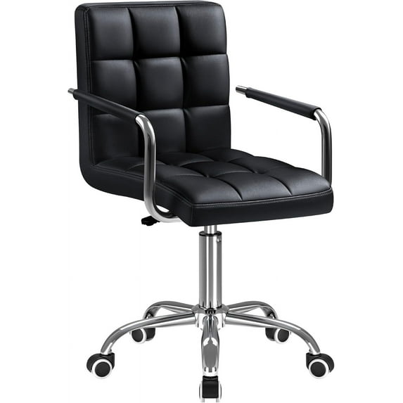 PetFurnishn Mid-Back Office Task Chair Ribbed PU Leather Executive Chair Modern Adjustable Home Desk Chair Retro Comfortable Work Chair 360 Degree Swivel with Arms (Black)