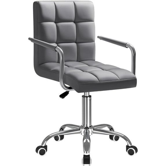 PetFurnishn Mid-Back Office Task Chair Ribbed PU Leather Executive Chair Modern Adjustable Home Desk Chair Retro Comfortable Work Chair 360 Degree Swivel with Arms (Grey)