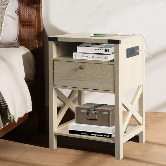 PetFurnishn Nightstand with Charging Station, Modern End Table with Drawer, Bedside Table with Open Storage, White Oak
