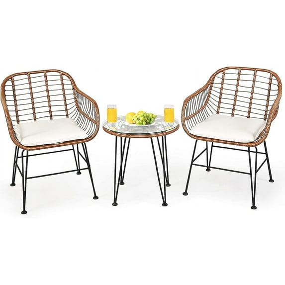PetFurnishn OR 3 Pieces Patio Bistro Set PE Rattan Wicker Armchairs and Coffee Table Set with Cushions for Garden Backyard Balcony Poolside-White