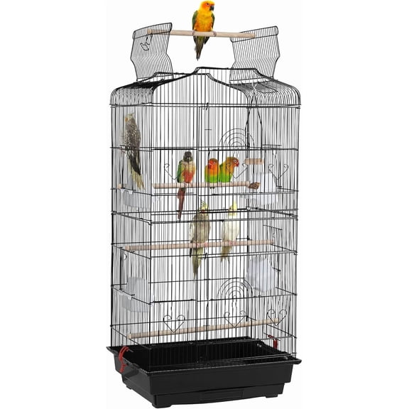 PetFurnishn Open Top Medium Parrot Flight Bird Cage for 2 Parakeets - Spacious Metal Cage with Perches, Feeder Dishes & Safety Locks-Black