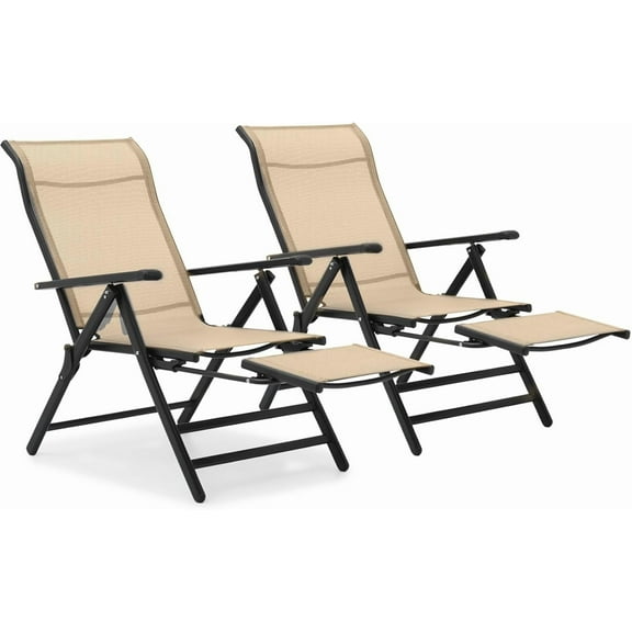 PetFurnishn  Outdoor Patio Folding Chairs Set of 2, Oversized Portable Dining Chair with Armrests, Lounge Chairs with Footrests for Camping, Beach, Garden, Lawn, Pool, Backyard, Deck-Cream