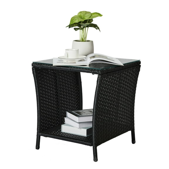 PetFurnishn Outdoor Side End Table Patio Rattan Wicker Glass Top Coffee Table with Storage, Black