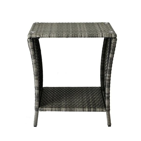 PetFurnishn Outdoor Side End Table Patio Rattan Wicker Glass Top Coffee Table with Storage, Gray