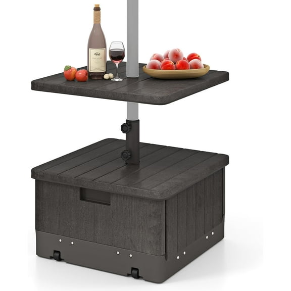 PetFurnishn Outdoor Side Table with Umbrella Stand,175 lbs Fillable Weighted Bag, Adjustable Umbrella Table Tray, 2 Wheels & 2 Handles, Umbrella Base with Storage for Patio Deck Garden (Coffee)