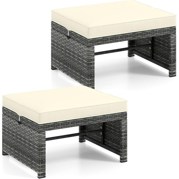 PetFurnishn Patio Ottomans Set of 2, PE Rattan Footstools with Removable Cushions & Metal Frame, Side Tables, Additional Seating, Outdoor Stools for Balcony, Backyard & Poolside (Beige)