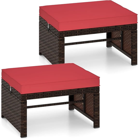 PetFurnishn Patio Ottomans Set of 2, PE Rattan Footstools with Removable Cushions & Metal Frame, Side Tables, Additional Seating, Outdoor Stools for Balcony, Backyard & Poolside (Brown & Red)