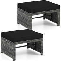 PetFurnishn Patio Ottomans Set of 2, PE Rattan Footstools with Removable Cushions & Metal Frame, Side Tables, Additional Seating, Outdoor Stools for Balcony, Backyard & Poolside (Black)