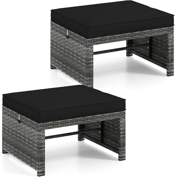 PetFurnishn Patio Ottomans Set of 2, PE Rattan Footstools with Removable Cushions & Metal Frame, Side Tables, Additional Seating, Outdoor Stools for Balcony, Backyard & Poolside (Black)