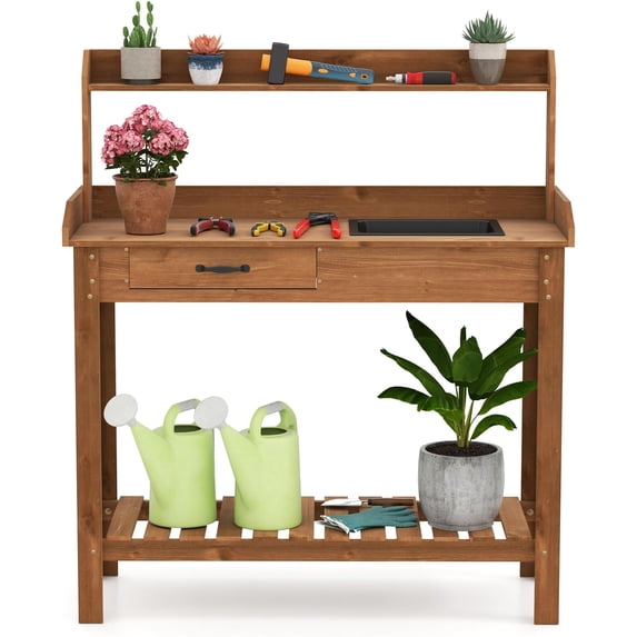 PetFurnishn Potting Bench Table, Wooden Work Bench with Removable Sink, Wood Garden Table with Storage Shelves, Drawer, Potting Benches for Outside, Patio Lawn Greenhouse