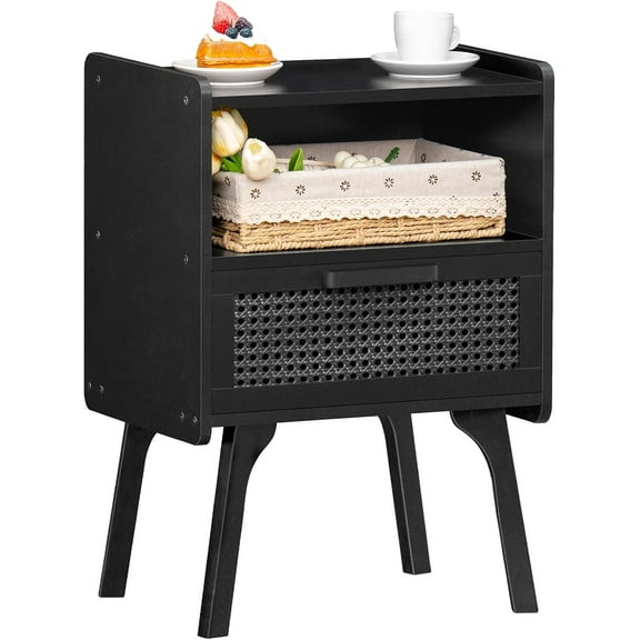 PetFurnishn Rattan Nightstand, Side Table with Drawer Open Shelf, Cane Accent Bedside End Table with Solid Wood Legs, Mid Century Modern Night Stand for Bedroom, Dorm and Small Spaces (Black)