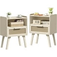 thumbnail image 1 of PetFurnishn Rattan Nightstands Set of 2, Side Table with Drawer Open Shelf, Cane Accent Bedside End Table, Mid Century Modern Night Stand for Bedroom, Dorm and Small Spaces-2-White Oak, 1 of 9