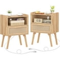 thumbnail image 1 of PetFurnishn Rattan Nightstands Set of 2, Side Table with Drawer Open Shelf, Cane Accent Bedside End Table, Mid Century Modern Night Stand for Bedroom, Dorm and Small Spaces-2-Wood, 1 of 11