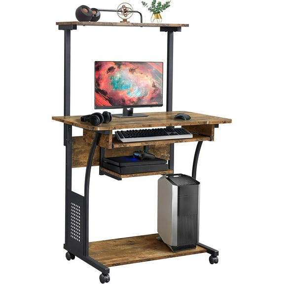 PetFurnishn Retro Computer Desk on Wheels Mobile Computer Desk with Printer Shelf and Keyboard Tray, 3 Tiers Home Office Desk with Storage for Small Space, Compact Computer Workstation, Rustic Brown