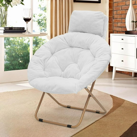 PetFurnishn Round Comfy Saucer Chair with Headrest Large Cozy, Metal Frame Cozy Lounge Lazy Chair Folding Faux Fur Saucer Chair for Adults, Foldable Papasan Moon Chair,White