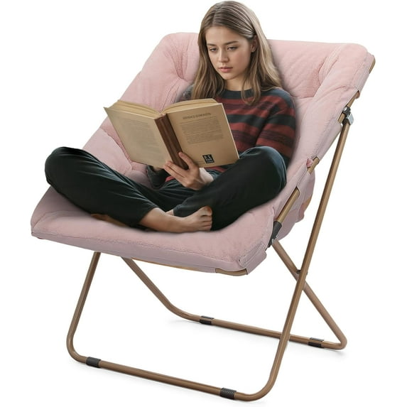 PetFurnishn Saucer Chair for Adult, Square Comfy Cozy Chair Folding Chair Faux Fur Metal Frame Foldable Reading Chair Accent Chair for Bed Room Living Room, Pink