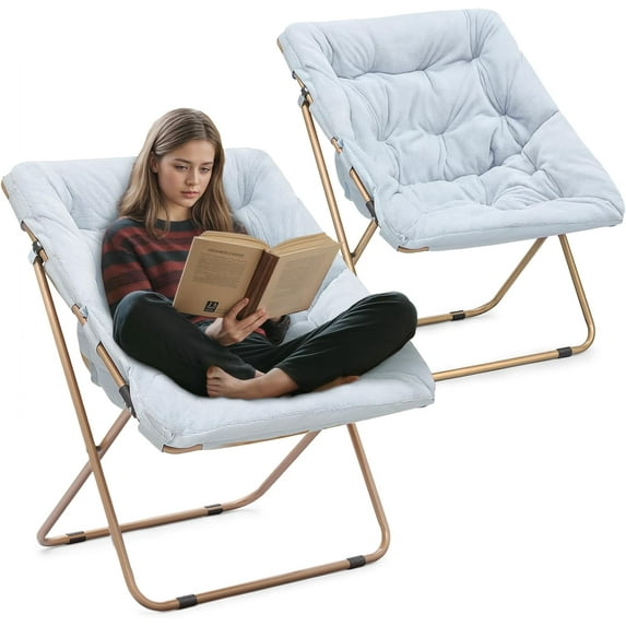 PetFurnishn Saucer Chair for Adult, Square Comfy Cozy Chair Folding Chair Faux Fur Metal Frame Foldable Reading Chair Accent Chair for Bed Room Living Room Set of 2, Blue