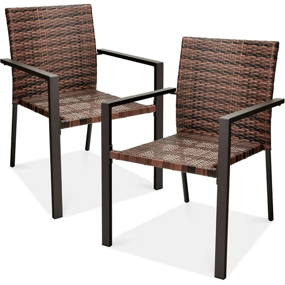 PetFurnishn Set of 2 Stackable Outdoor Wicker Dining Chairs All-Weather Firepit Armchair w/Armrests, Steel Frame for Patio, Deck, Garden, Yard - Light Brown