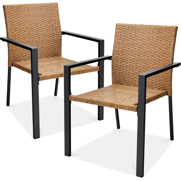 PetFurnishn Set of 2 Stackable Outdoor Wicker Dining Chairs All-Weather Firepit Armchair w/Armrests, Steel Frame for Patio, Deck, Garden, Yard - Natural