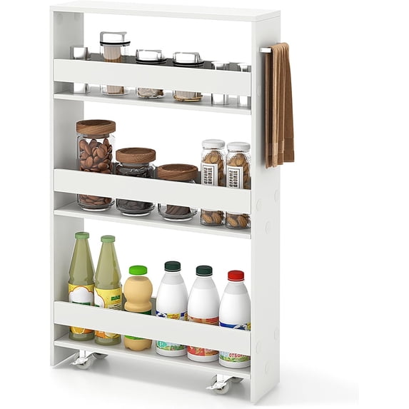 PetFurnishn Slim Rolling Storage Cart, 4-Tier Rolling Utility Cart, Wood Kitchen Storage Cart with Handle & Wheels,Narrow Rolling Shelving Unit for Kitchen Bathroom Laundry Small Places (Plain White)