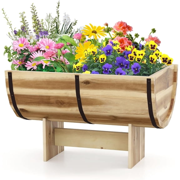 PetFurnishn Wooden Plant Pots, Solid Acacia Wood Half-Barrel Planting Flower Pot w/Legs, Drainage for Flower Vegetable Fruit, Outdoor Elevated Garden Bed, Decorative Planters for Indoor Plants (1)