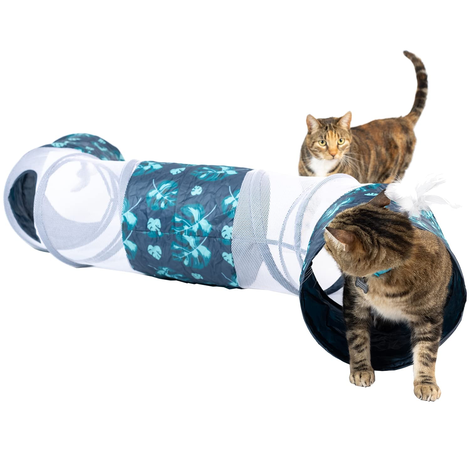 Interactive Blue and White Mesh Cat Tunnel with Feathers