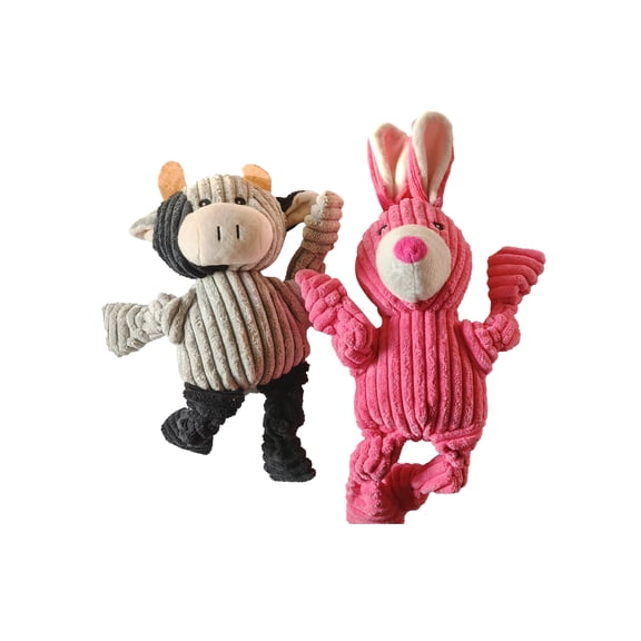 PetLike 2-Pack Squeaky Plush Dog Toys, Grey Cow & Pink Rabbit Soft Durable Ribbed Chew Toys, Cuddly Interactive Play Toys for Small, Medium & Large Breeds, Great for Fetch & Comfort