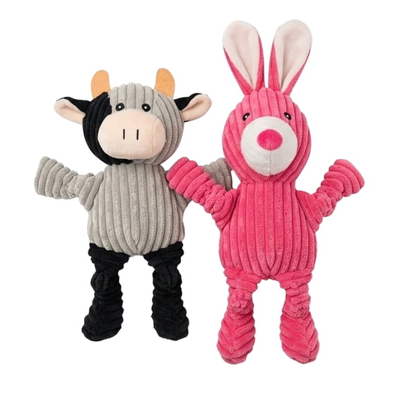 PetLike 2-Pack Squeaky Plush Dog Chew Toys, Cow & Rabbit for Small & Medium Dogs Interactive Play