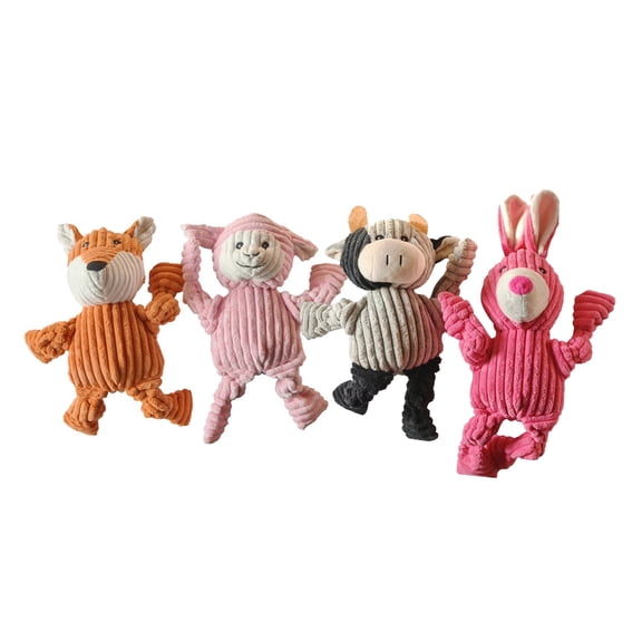 PetLike 4-Pack Squeaky Plush Dog Toys, Orange Fox Pink Sheep Gray Cow Pink Rabbit, Thick Durable Interactive Chew Toys for All Breeds