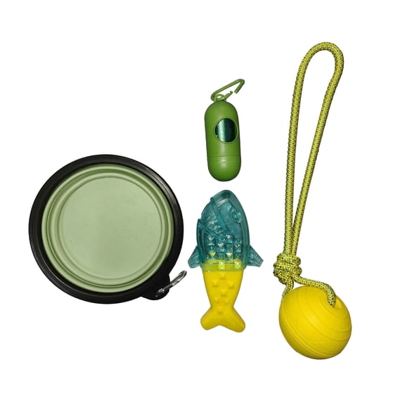 PetLike 5 Pack All-in-One Dog Outdoor Travel Set, Collapsible Water Bowl, Floating Rope Ball, Freezable Fillable Water Fish Chew Toy, Poop Bag Dispenser with Waste Bags for Puppies & Small Medium Dog