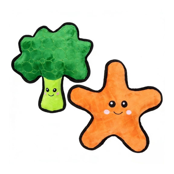 PetLike Starfish & Broccoli Firm Edge Stuffed Plush Dog Chew Toys 2-Pack, Squeaky Crinkle,for Small, Medium & Gentle Large Dogs