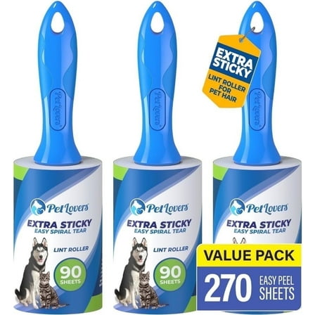 PetLovers Extra Sticky Lint Roller for Pet Hair – 270 Sheets (3 Pack) Dog & Cat Hair Remover