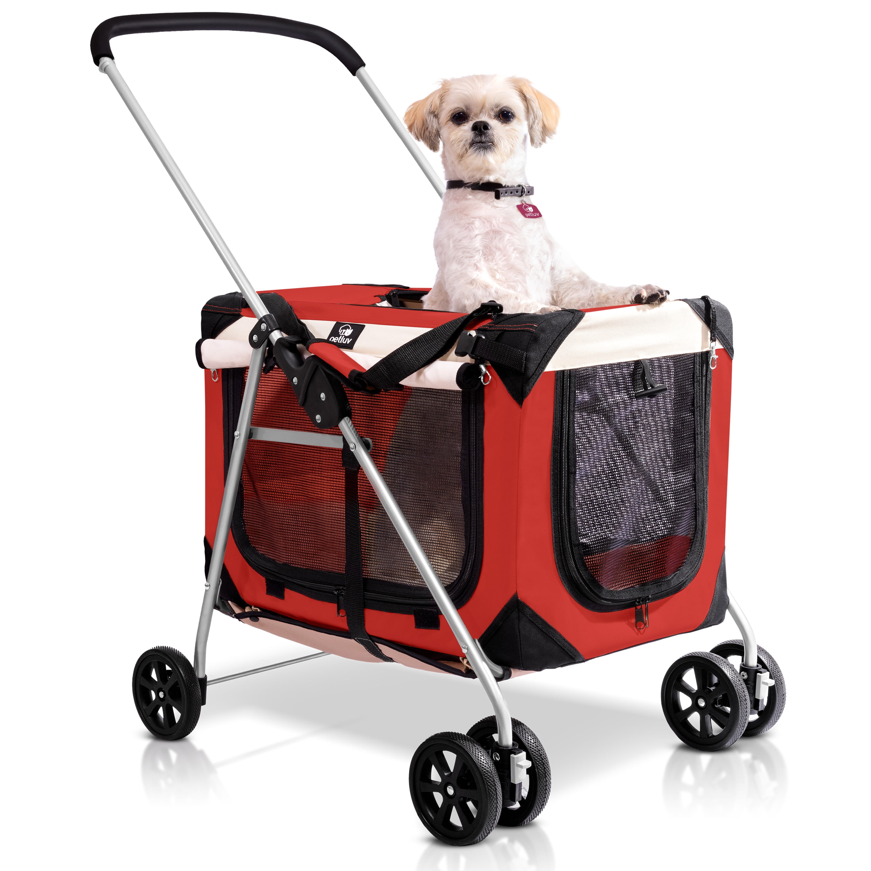 Red Foldable Pet Stroller with Detachable Carrier