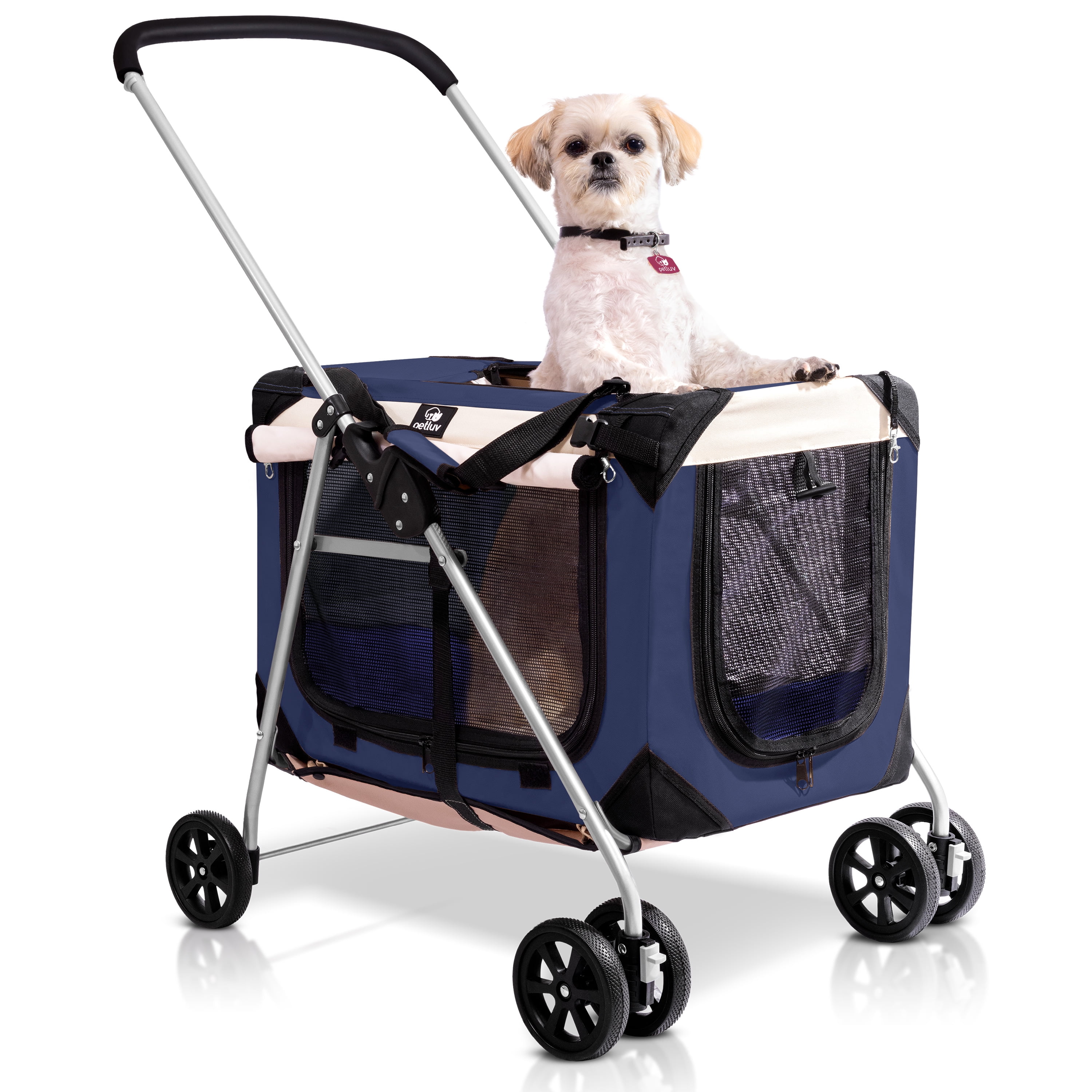 PetLuv Cat and Dog Stroller Soft Sided Detachable Pet Carrier Travel Crate Plush Bed Locking Zippers Privacy Windows Collapsible Locking