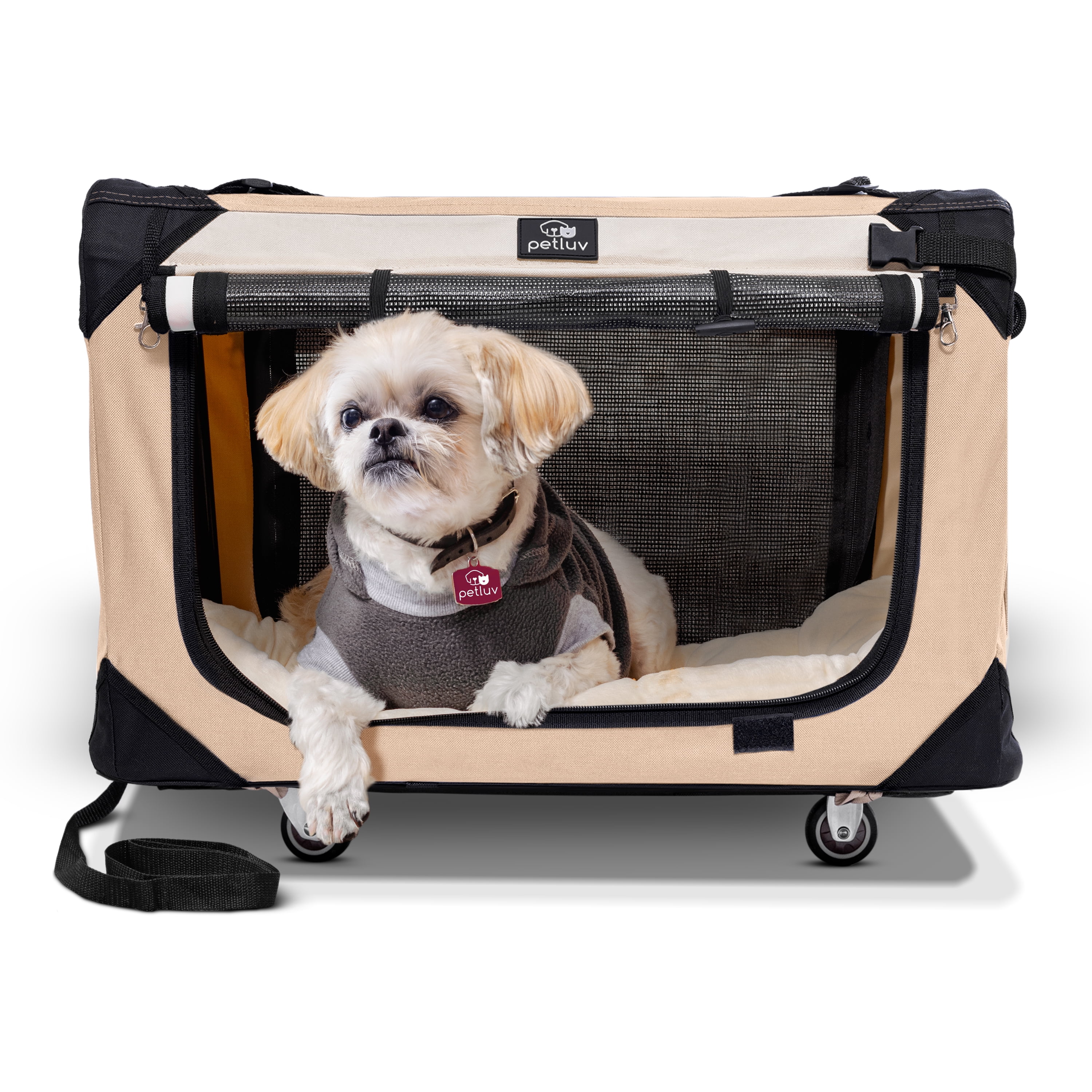 PetLuv Pull-Along Rolling Cat & Dog Carrier & Travel Crate on Wheels, Detachable, Soft Sided, Locking Zippers, Plush Bed, Privacy Windows