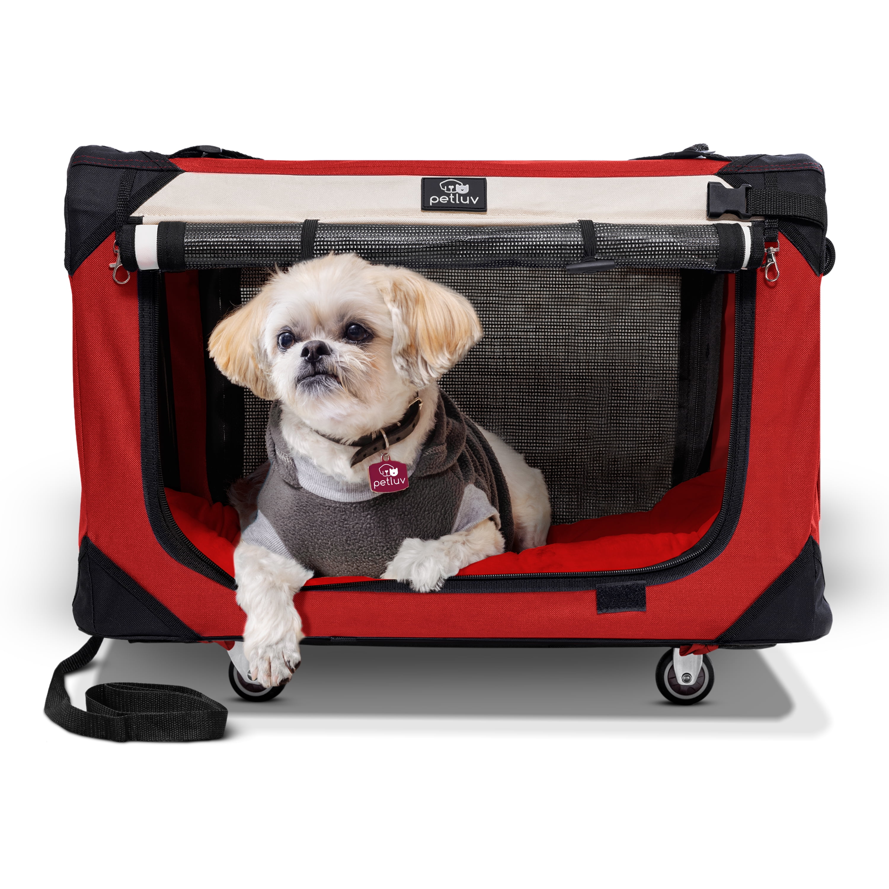PetLuv Pull Along Rolling Cat Dog Carrier Travel Crate on Wheels Detachable Soft Sided Locking Zippers Plush Bed Privacy Windows